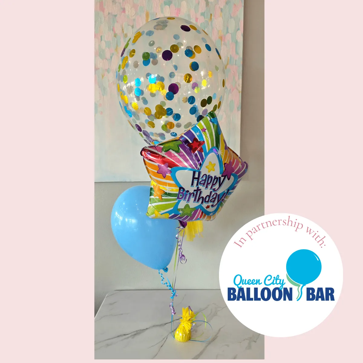 Birthday 3 Balloon Bouquet with Queen City Balloon Logo 2