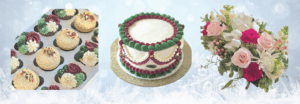 Cupcakes, cake and floral arrangement on snowy background